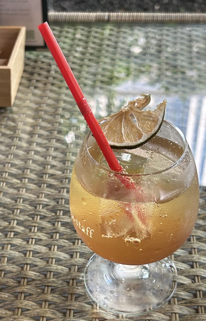 ぽってりとした丸さのワイングラスに入れられたクラフトコーラ。ドライフルーツ(ライム?)添え。