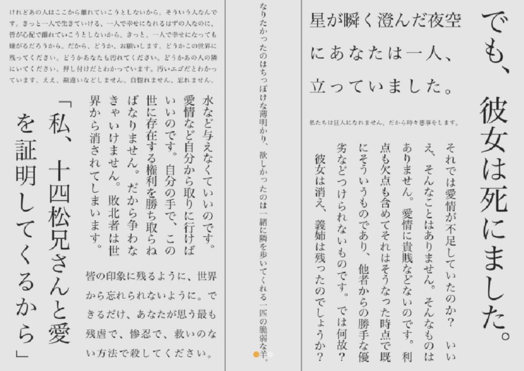けれどあの人はここから離れていこうとしないから。そういう人なんです。きっと一人で生きていける、一人で幸せになれるはずの人なのに、皆が心配で離れていこうとしないから。きっと、一人で幸せになっても嫌がるだろうから。だから、どうか、お願いします。どうかこの世界に残ってください。どうかあなたも汚れてください。どうかあの人の隣にいてください。押し付けだとわかっています。汚いエゴだとわかっています。ええ、勘違いなどしません。自惚れません。忘れません。
「私、十四松兄さんと愛を証明してくるから」
水など与えなくていいのです。愛情など自分から取りに行けばいいのです。自分の手で、この世に存在する権利を勝ち取らねばなりません。だから争わなきゃいけません。敗北者は世界から消されてしまいます。
皆の印象に残るように、世界から忘れられないように。できるだけ、あなたが思う最も残虐で、惨忍で、救いのない方法で殺してください。
星が瞬く澄んだ夜空にあなたは一人、立っていました。
私たちは狂人になれません。だから時々悪事をします。
それでは愛情が不足していたのか？　いいえ、そんなことはありません。そんなものはありません。愛情に貴賎などないのです。利点も欠点も含めてそれはそうなった時点で既にそういうものであり、他者からの勝手な優劣などつけられないものです。では何故？　彼女は消え、義姉は残ったのでしょうか？
「なりたかったのはちっぽけな薄明かり、
欲しかったのは一緒に隣を歩いてくれる
一匹の脆弱な羊。」より