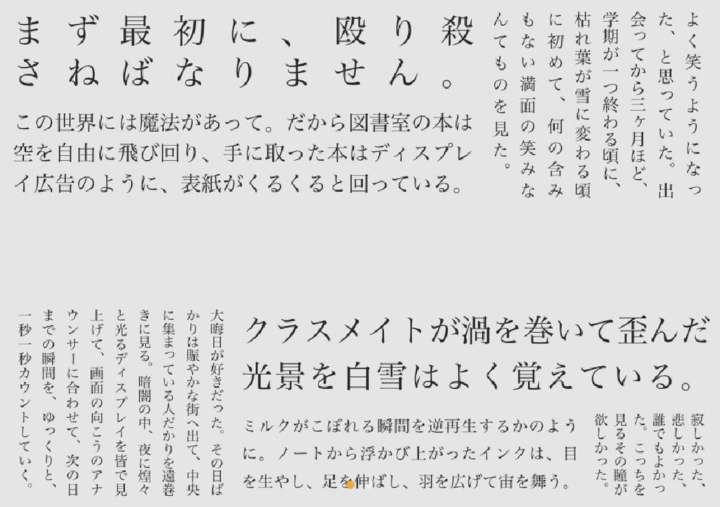 頭出し
まず最初に、殴り殺さねばなりません。
この世界には魔法があって。だから図書室の本は空を自由に飛び回り、手に取った本はディスプレイ広告のように、表紙がくるくると回っている。
よく笑うようになった、と思っていた。出会ってから三ヶ月ほど、学期が一つ終わる頃に、枯れ葉が雪に変わる頃に初めて、何の含みもない満面の笑みなんてものを見た。
大晦日が好きだった。その日ばかりは賑やかな街へ出て、中央に集まっている人だかりを遠巻きに見る。暗闇の中、夜に煌々と光るディスプレイを皆で見上げて、画面の向こうのアナウンサーに合わせて、次の日までの瞬間を、ゆっくりと、一秒一秒カウントしていく。
クラスメイトが渦を巻いて歪んだ光景を白雪はよく覚えている。
ミルクがこぼれる瞬間を逆再生するかのように。ノートから浮かび上がったインクは、目を生やし、足を伸ばし、羽を広げて宙を舞う。
寂しかった、悲しかった、誰でもよかった。こっちを見るその瞳が欲しかった。