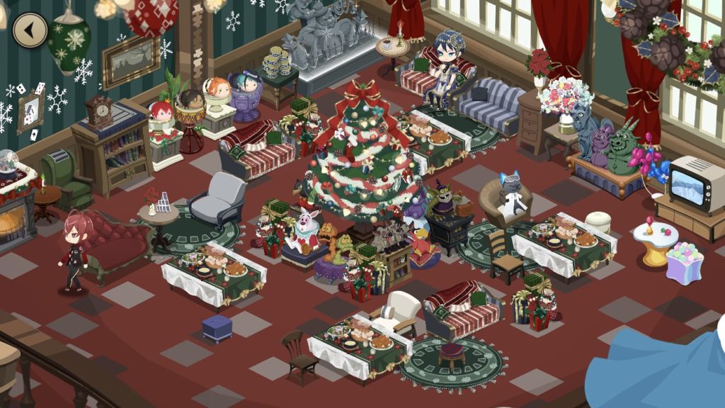 ゲストルーム（ホリデー仕様）
真ん中に大きなツリーを置き、四隅をご馳走が囲んでいる。