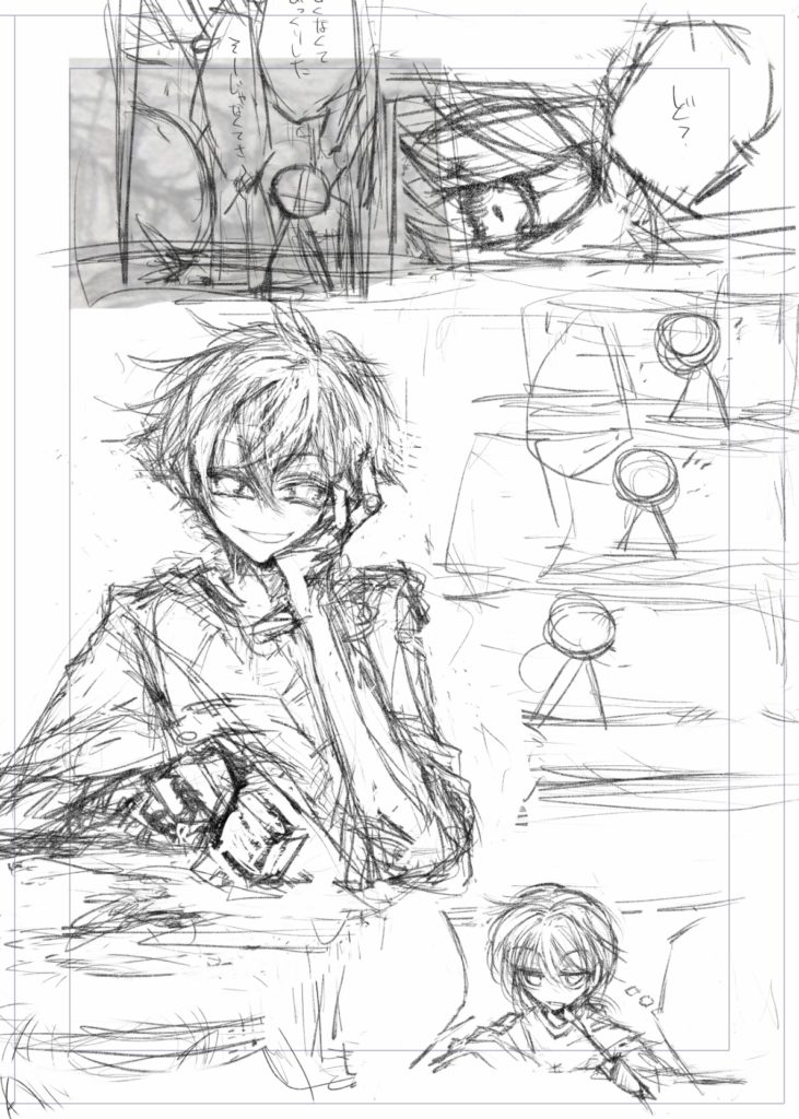 1ページ目：6コマ目のエースの頬杖が違和感がないように、腕の角度、頬をついている手の当たり方など調整。口もにんまり引き結んでいたのを、薄く開けた形（本来させたかった表情）に変更。