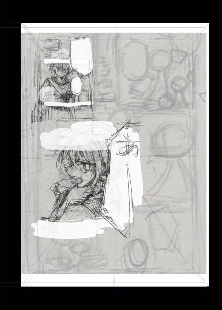 3ページ目：コマ割り、3、5コマ目ざっくり下書き。