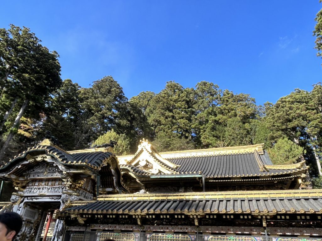 日光が当たって金箔？が爛々に光った、御本社の屋根。